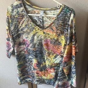 T/O Thomas and Olivia Vibrant Multicolor V-Neck Blouse small